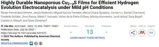 ?ACS Catalysis：納米多孔Cu2-xS膜在中性環境下實現高效析氫