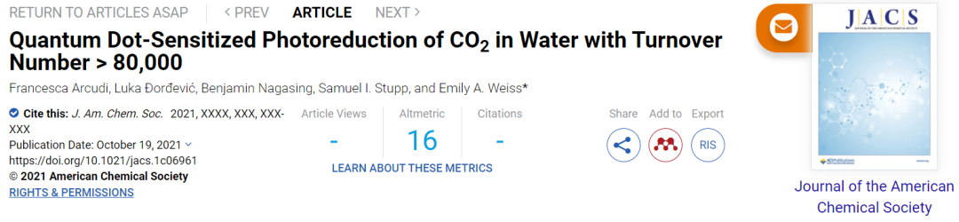JACS：TON>80000！光敏感QD在水中光還原CO2