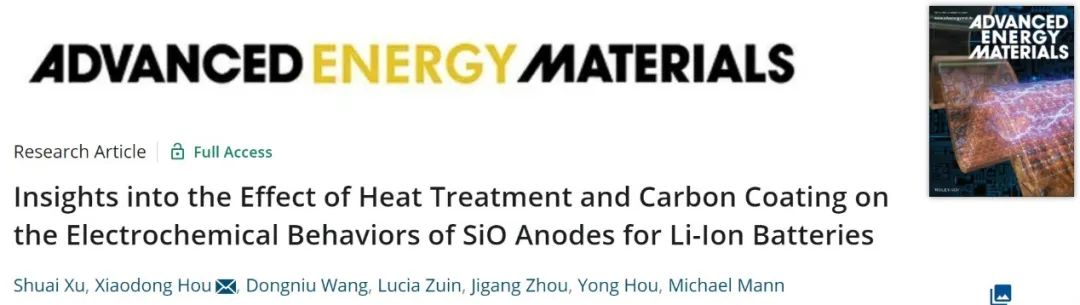 侯曉東AEM：洞悉熱處理和碳涂層對SiO負極電化學性能的影響