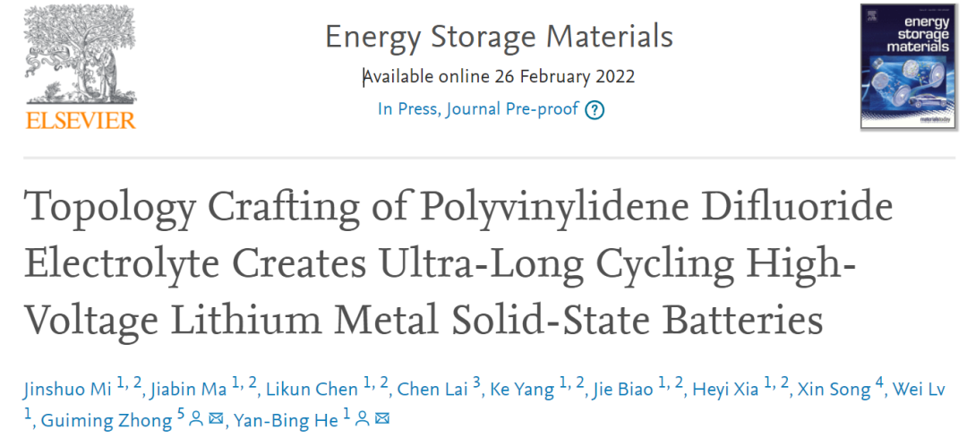 賀艷兵/鐘貴明EnSM: PVDF電解質拓撲工藝實現超長循環高壓固態鋰電池