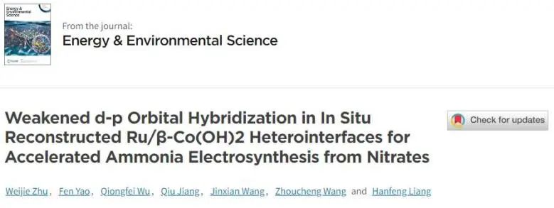 ?廈大EES：原位重構(gòu)Ru/β-Co(OH)2界面弱化d-p軌道雜化，加速硝酸鹽電還原為氨