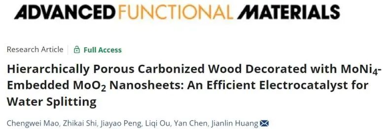 ?華南理工大學AFM：多孔炭化木材上構建MoNi4/MoO2納米片，用于高效催化水分解產氫