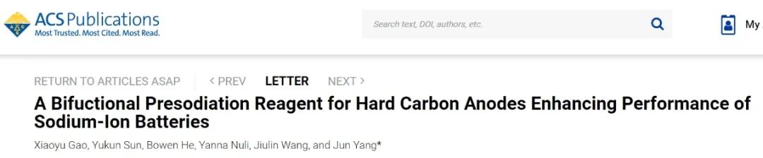 上交楊軍ACS Energy Letters：硬碳負極雙功能預氧化試劑實現高能鈉離子電池
